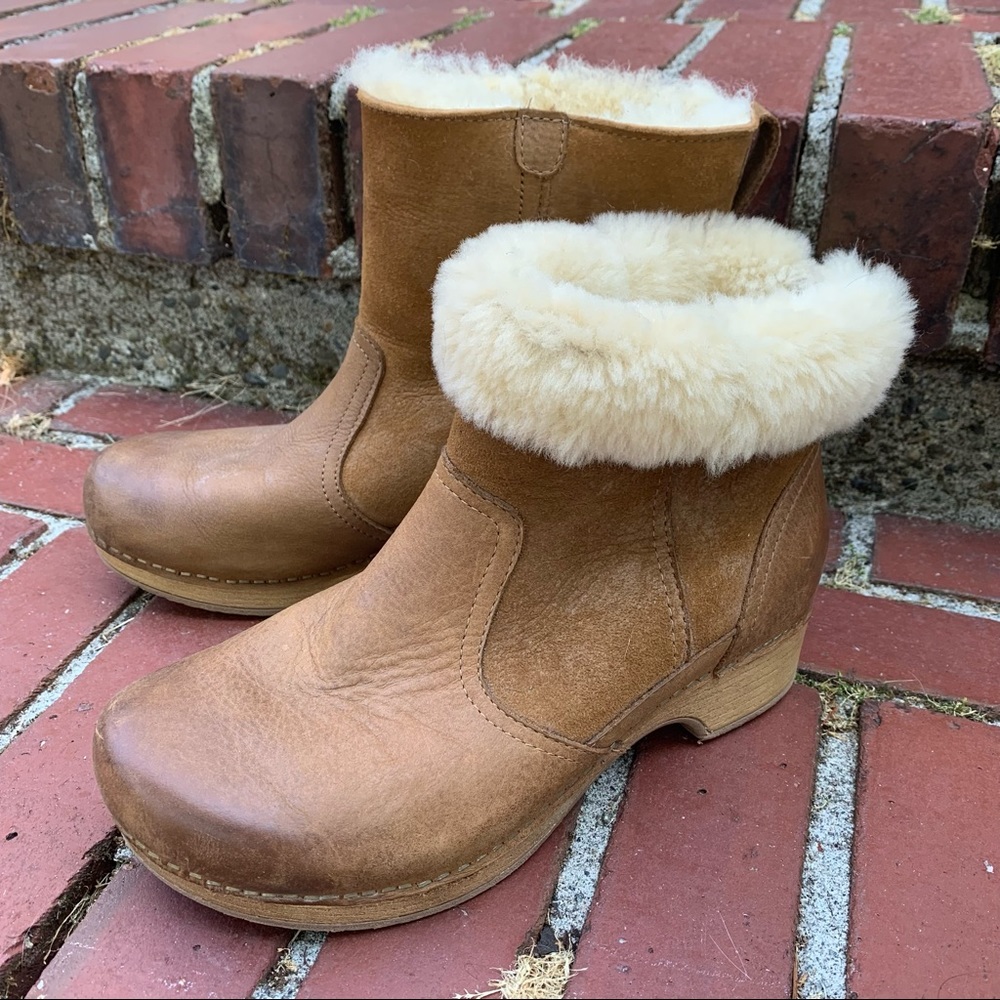 Dansko Tan Leather Shearling Clog Boots